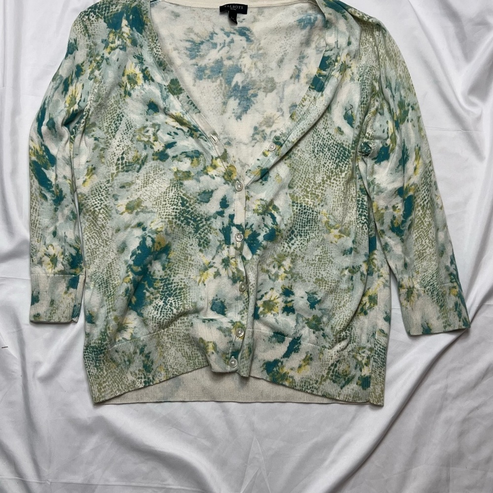 Talbots Floral & Abstract Print V-Neck Cardigan - Cream, Teal & Green
